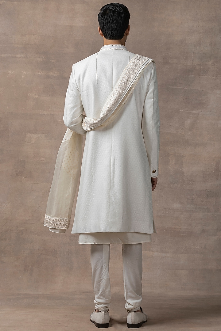 Ivory Cotton Silk Embroidered Wedding Sherwani Set by Sarab Khanijou at Pernia's Pop Up Shop