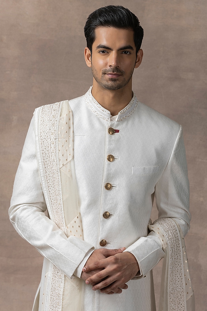 Ivory Cotton Silk Embroidered Wedding Sherwani Set by Sarab Khanijou at Pernia's Pop Up Shop