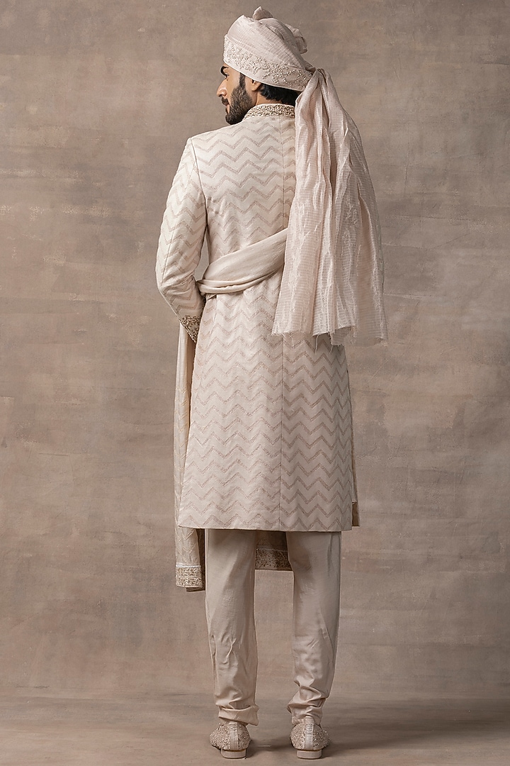 Dusty Rose Organza & Silk Embroidered Groom Sherwani Set by Sarab Khanijou at Pernia's Pop Up Shop