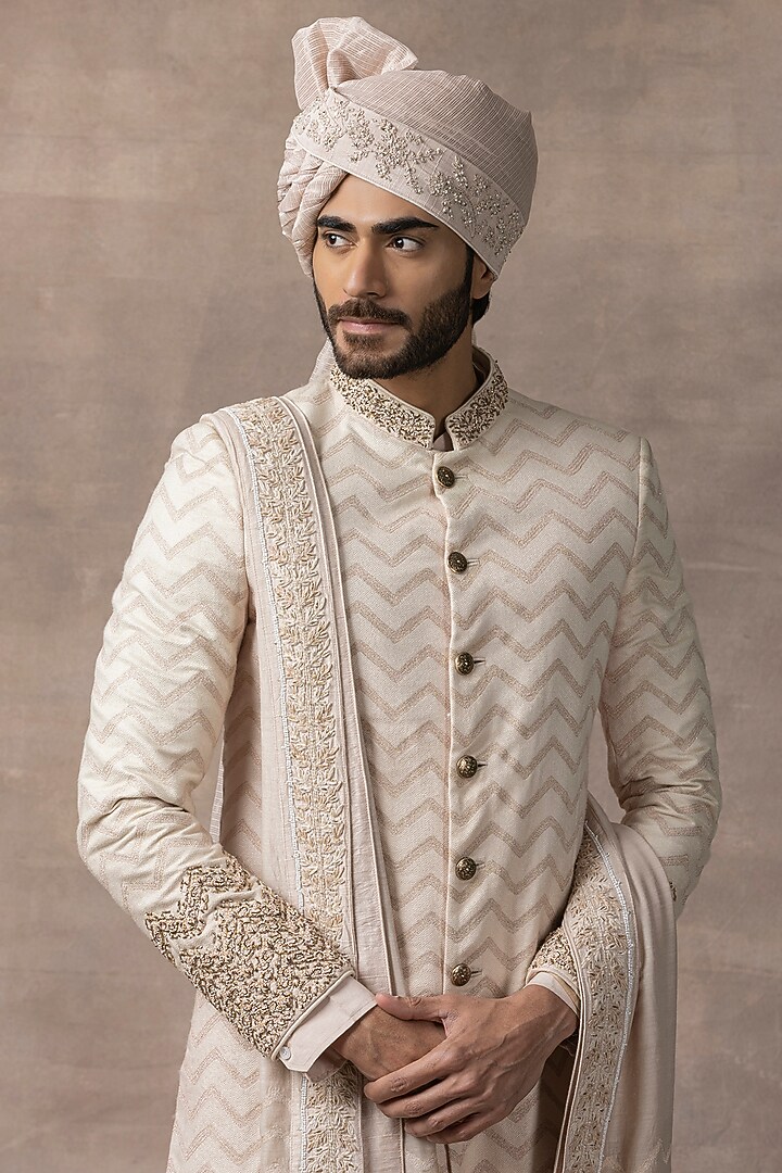 Dusty Rose Organza & Silk Embroidered Groom Sherwani Set by Sarab Khanijou at Pernia's Pop Up Shop
