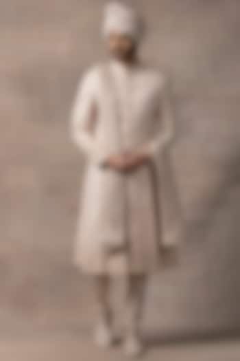 Dusty Rose Organza & Silk Embroidered Anarkali Groom Sherwani Set by Sarab Khanijou at Pernia's Pop Up Shop