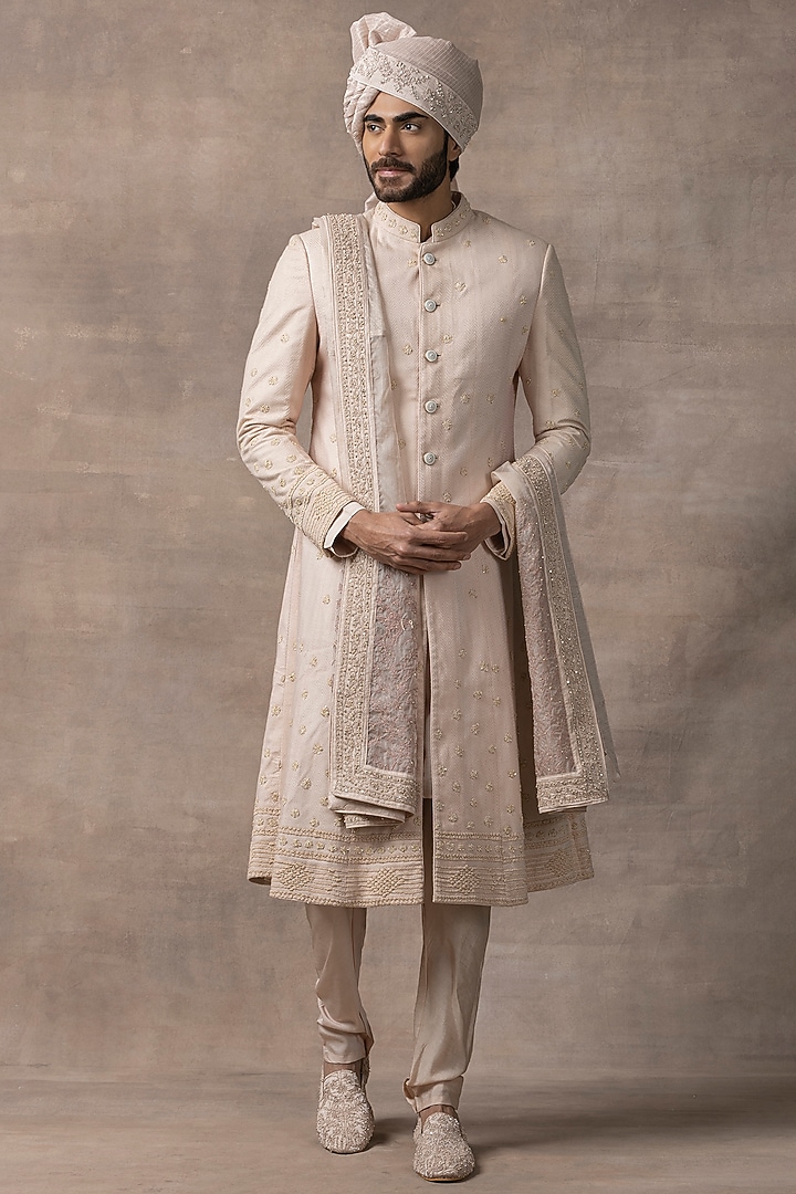 Dusty Rose Organza & Silk Embroidered Anarkali Groom Sherwani Set by Sarab Khanijou at Pernia's Pop Up Shop