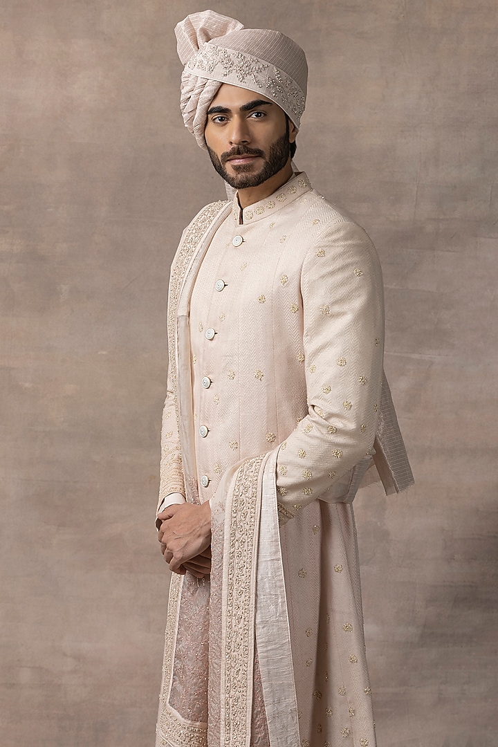 Dusty Rose Organza & Silk Embroidered Anarkali Groom Sherwani Set by Sarab Khanijou at Pernia's Pop Up Shop