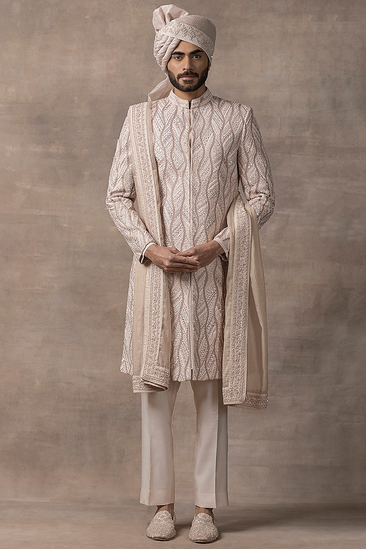 Dusty Rose Organza & Silk Embroidered Groom Sherwani Set by Sarab Khanijou at Pernia's Pop Up Shop