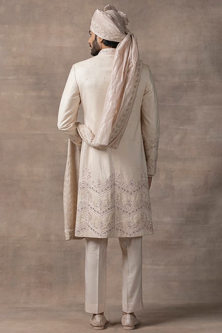 Peach Organza & Silk Embroidered Groom Sherwani Set by Sarab Khanijou at Pernia's Pop Up Shop