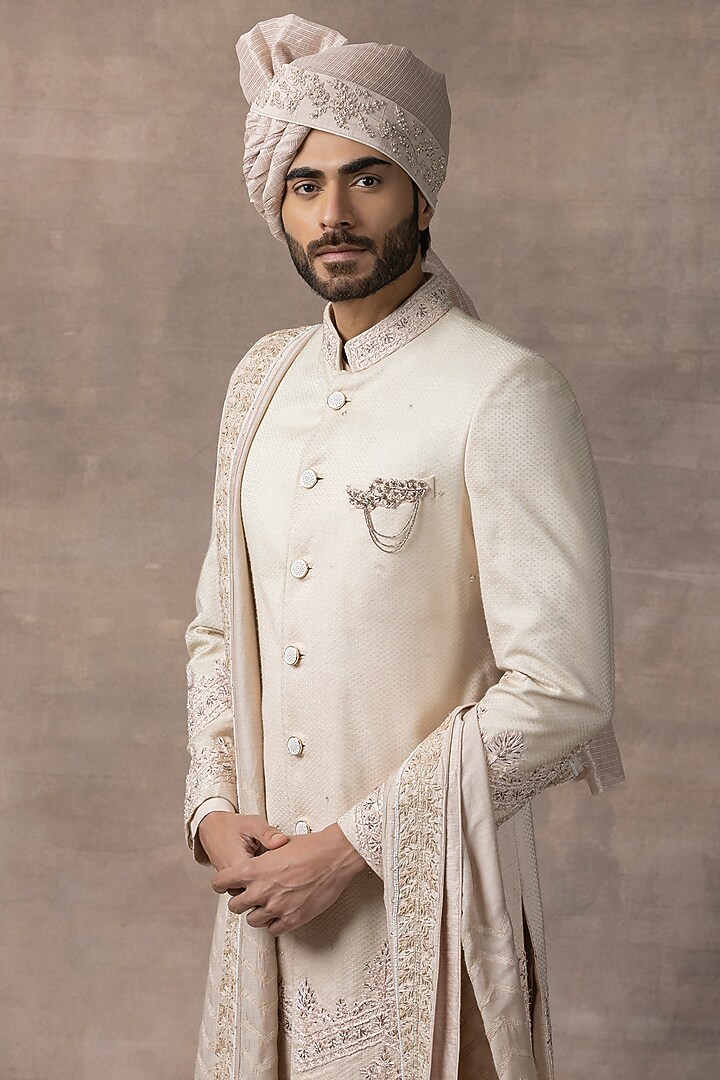 Peach Organza & Silk Embroidered Groom Sherwani Set by Sarab Khanijou at Pernia's Pop Up Shop