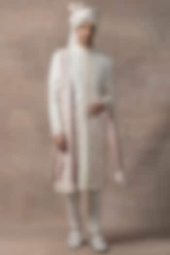 Ivory Organza & Silk Embroidered Groom Sherwani Set by Sarab Khanijou at Pernia's Pop Up Shop