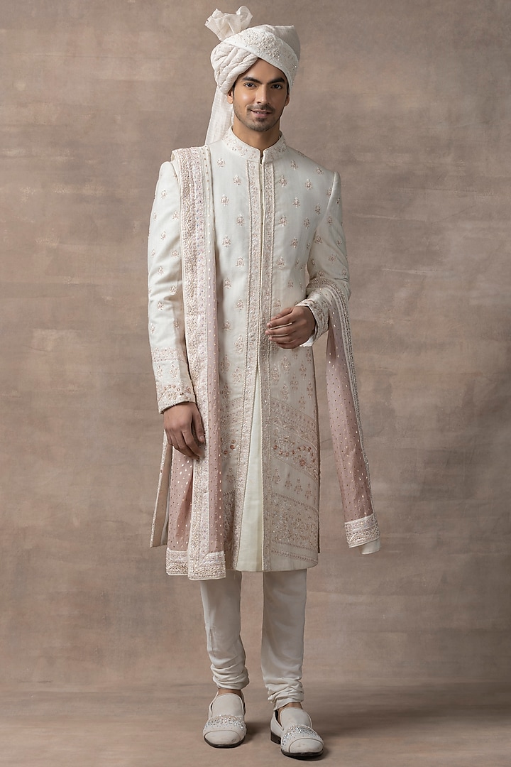 Ivory Organza & Silk Embroidered Groom Sherwani Set by Sarab Khanijou at Pernia's Pop Up Shop
