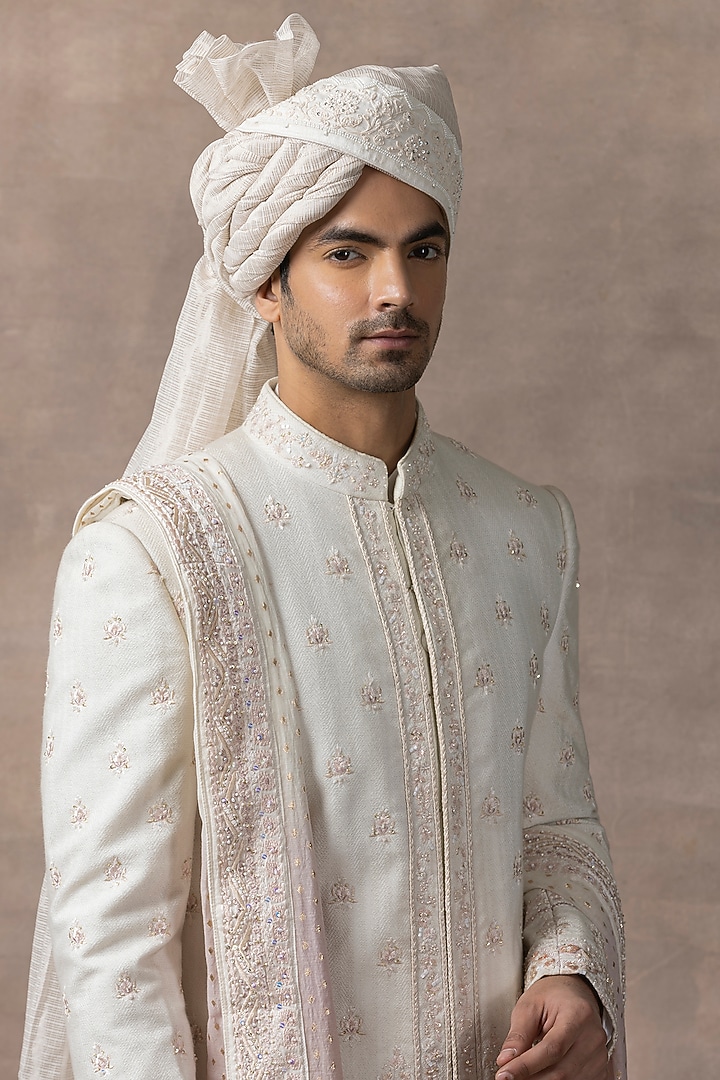 Ivory Organza & Silk Embroidered Groom Sherwani Set by Sarab Khanijou at Pernia's Pop Up Shop