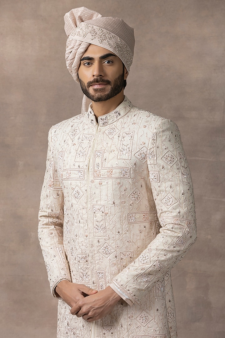 Ivory Organza & Silk Embroidered Groom Sherwani Set by Sarab Khanijou at Pernia's Pop Up Shop