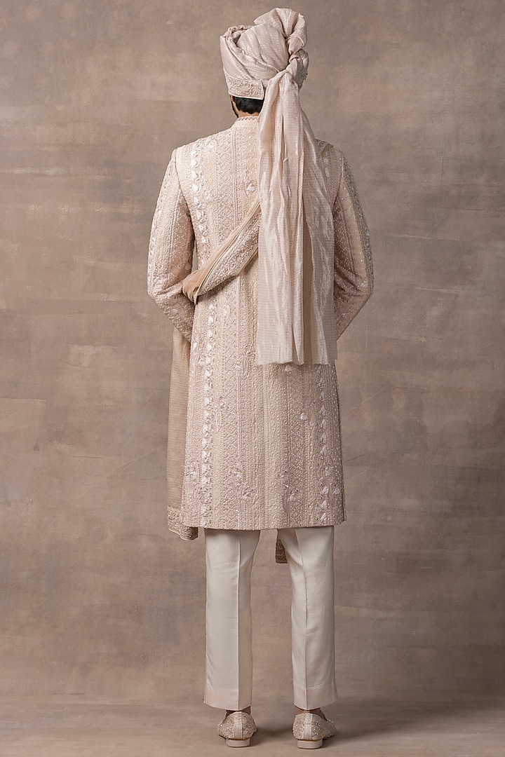 Dusty Rose Organza & Silk Embroidered Groom Sherwani Set by Sarab Khanijou at Pernia's Pop Up Shop