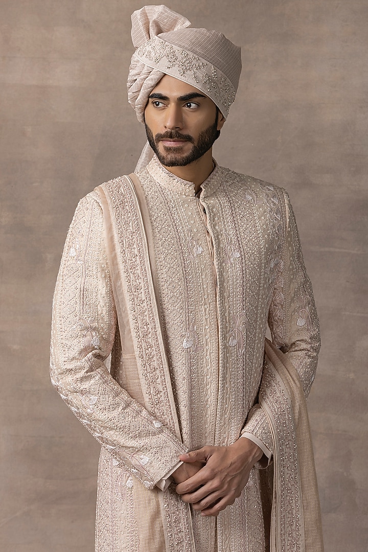 Dusty Rose Organza & Silk Embroidered Groom Sherwani Set by Sarab Khanijou at Pernia's Pop Up Shop