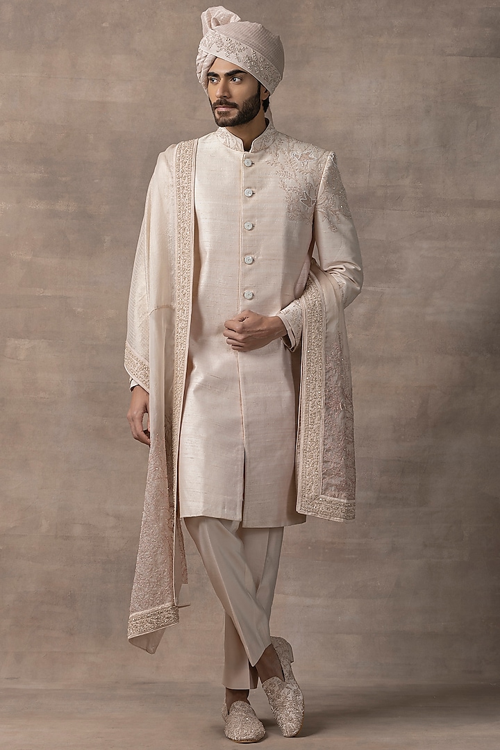 Rose Gold Organza & Silk Embroidered Sherwani Set by Sarab Khanijou