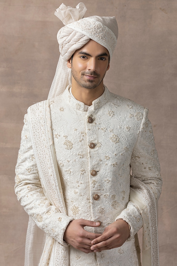 Ivory Organza & Silk Embroidered Groom Sherwani Set by Sarab Khanijou at Pernia's Pop Up Shop