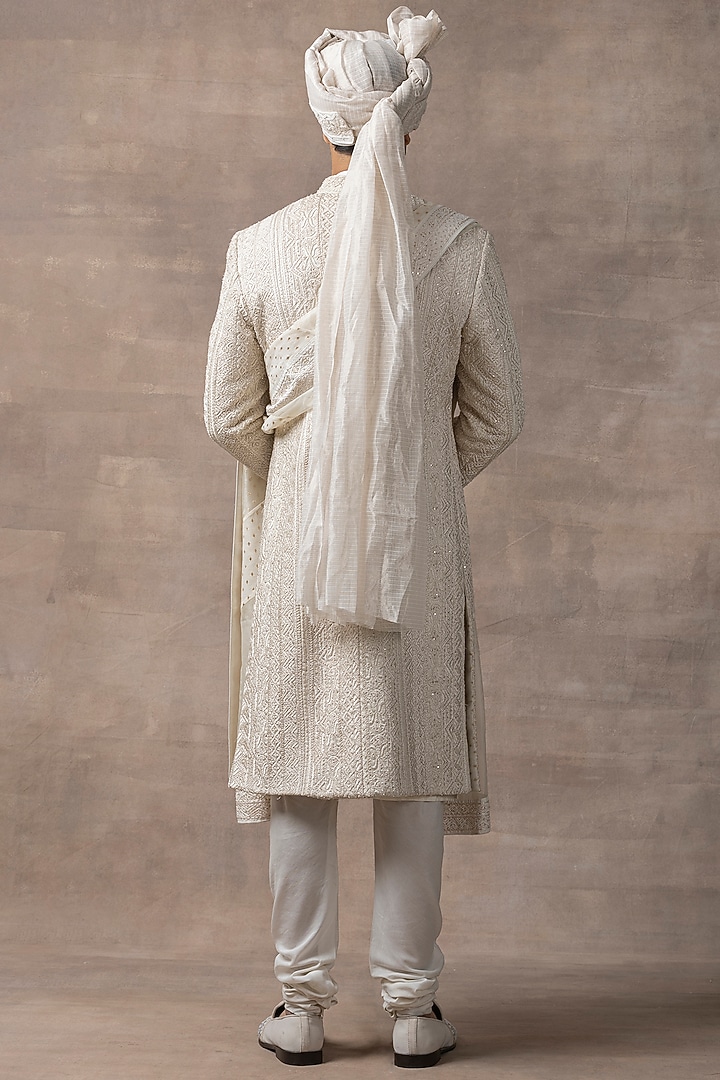 Ivory Organza & Silk Embroidered Groom Sherwani Set by Sarab Khanijou at Pernia's Pop Up Shop