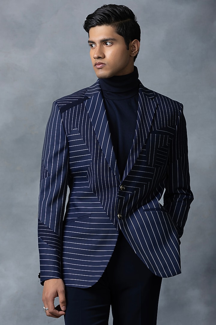 Navy Blue Suiting Blazer by Sarab Khanijou at Pernia's Pop Up Shop