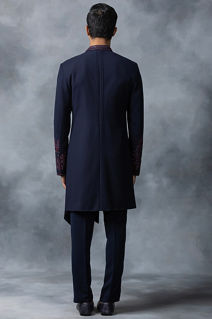 Navy Blue Sandwash Thread Embroidered Groom Indowestern Set by Sarab Khanijou at Pernia's Pop Up Shop