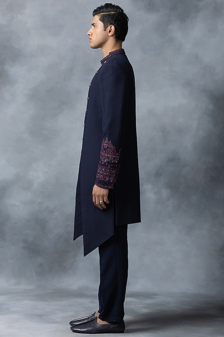 Navy Blue Sandwash Thread Embroidered Groom Indowestern Set by Sarab Khanijou at Pernia's Pop Up Shop