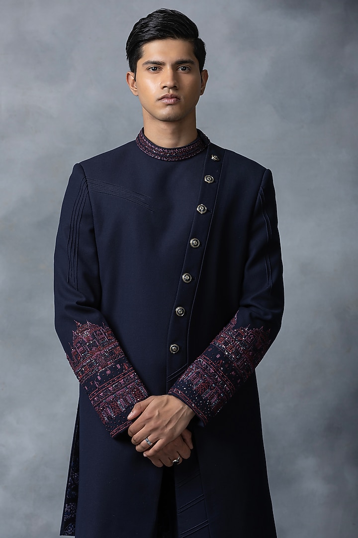 Navy Blue Sandwash Thread Embroidered Groom Indowestern Set by Sarab Khanijou at Pernia's Pop Up Shop
