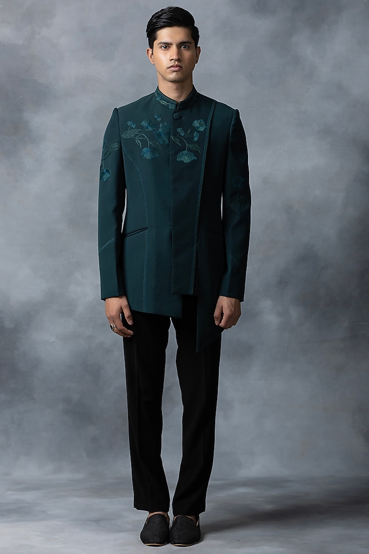 Green Sandwash Thread Work Wedding Indowestern Set by Sarab Khanijou at Pernia's Pop Up Shop