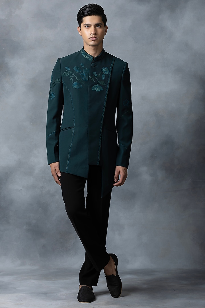Green Sandwash Thread Work Wedding Indowestern Set by Sarab Khanijou at Pernia's Pop Up Shop