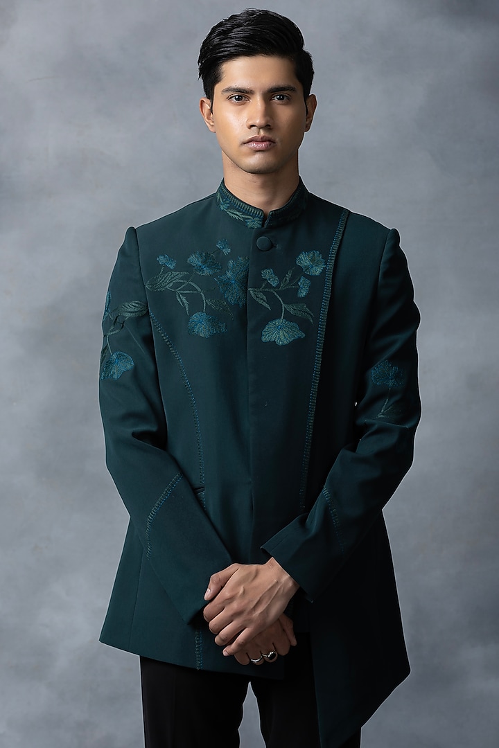 Green Sandwash Thread Work Wedding Indowestern Set by Sarab Khanijou at Pernia's Pop Up Shop