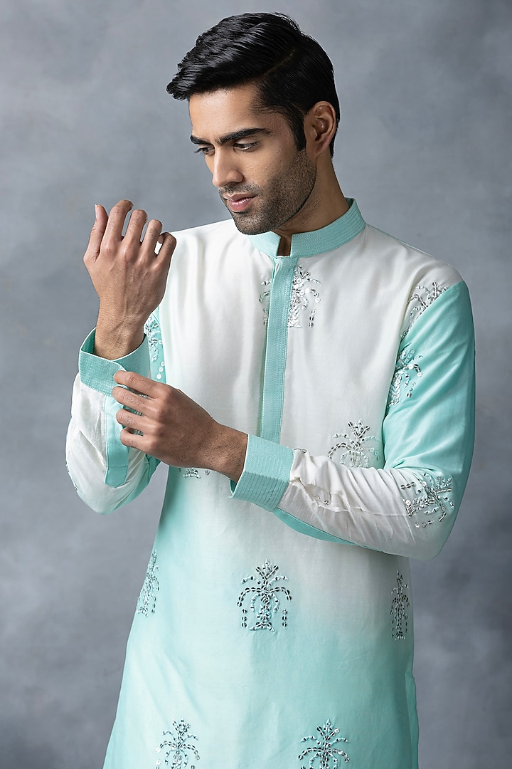 Ivory Chanderi Silk Kurta Set by Sarab Khanijou at Pernia's Pop Up Shop