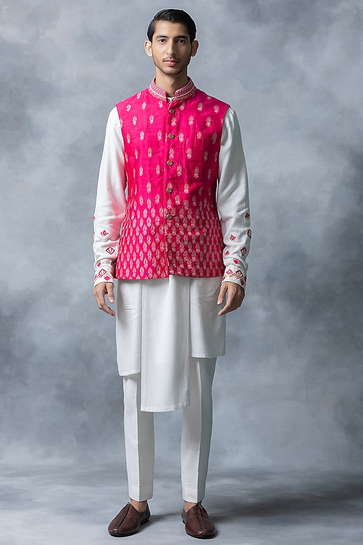 Hot Pink Raw Silk & Moss Crepe Embroidered Bundi Set by Sarab Khanijou