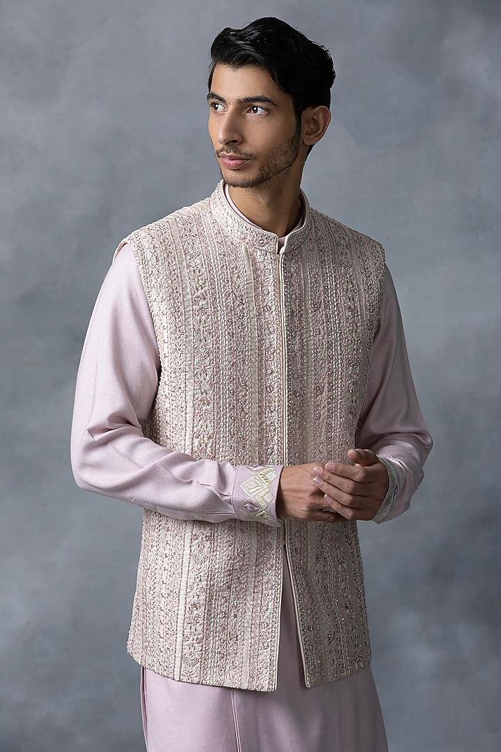 Dusty Rose Silk & Crepe Thread Work Bundi Jacket Set by Sarab Khanijou at Pernia's Pop Up Shop
