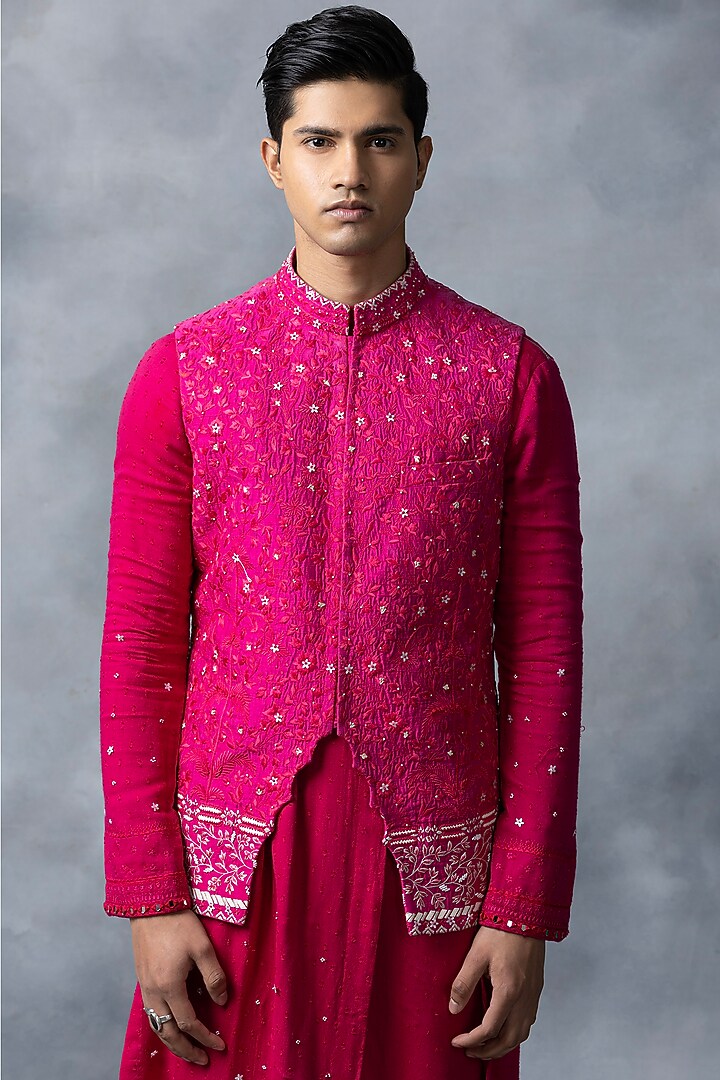 Hot Pink Silk & Moss Crepe Floral Thread Work Bundi Jacket Set by Sarab Khanijou at Pernia's Pop Up Shop