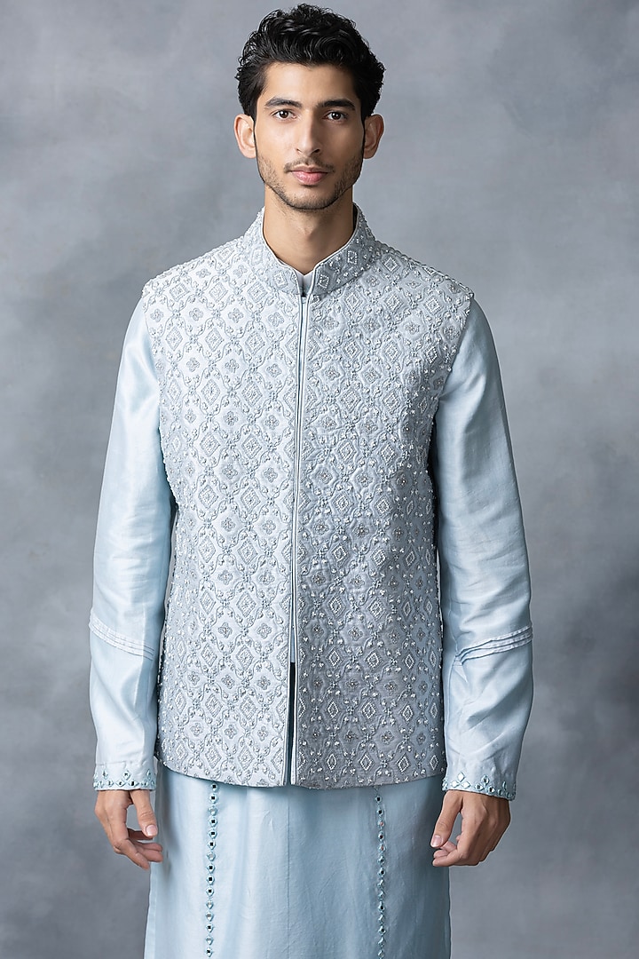 Sky Blue Silk & Chanderi Silk Pearl Embroidered Bundi Jacket Set by Sarab Khanijou at Pernia's Pop Up Shop
