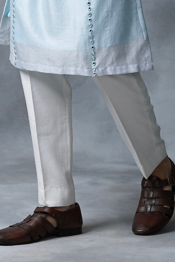 Sky Blue Silk & Chanderi Silk Pearl Embroidered Bundi Jacket Set by Sarab Khanijou at Pernia's Pop Up Shop