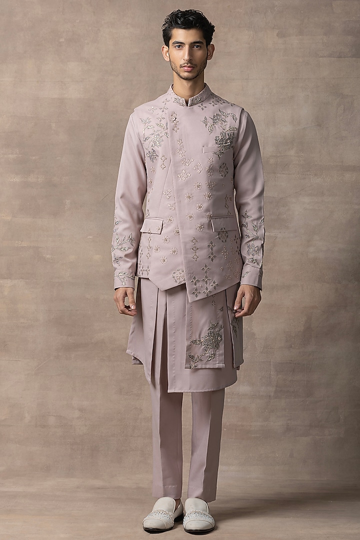 Lavender Crepe Embroidered Nehru Jacket Set by Sarab Khanijou