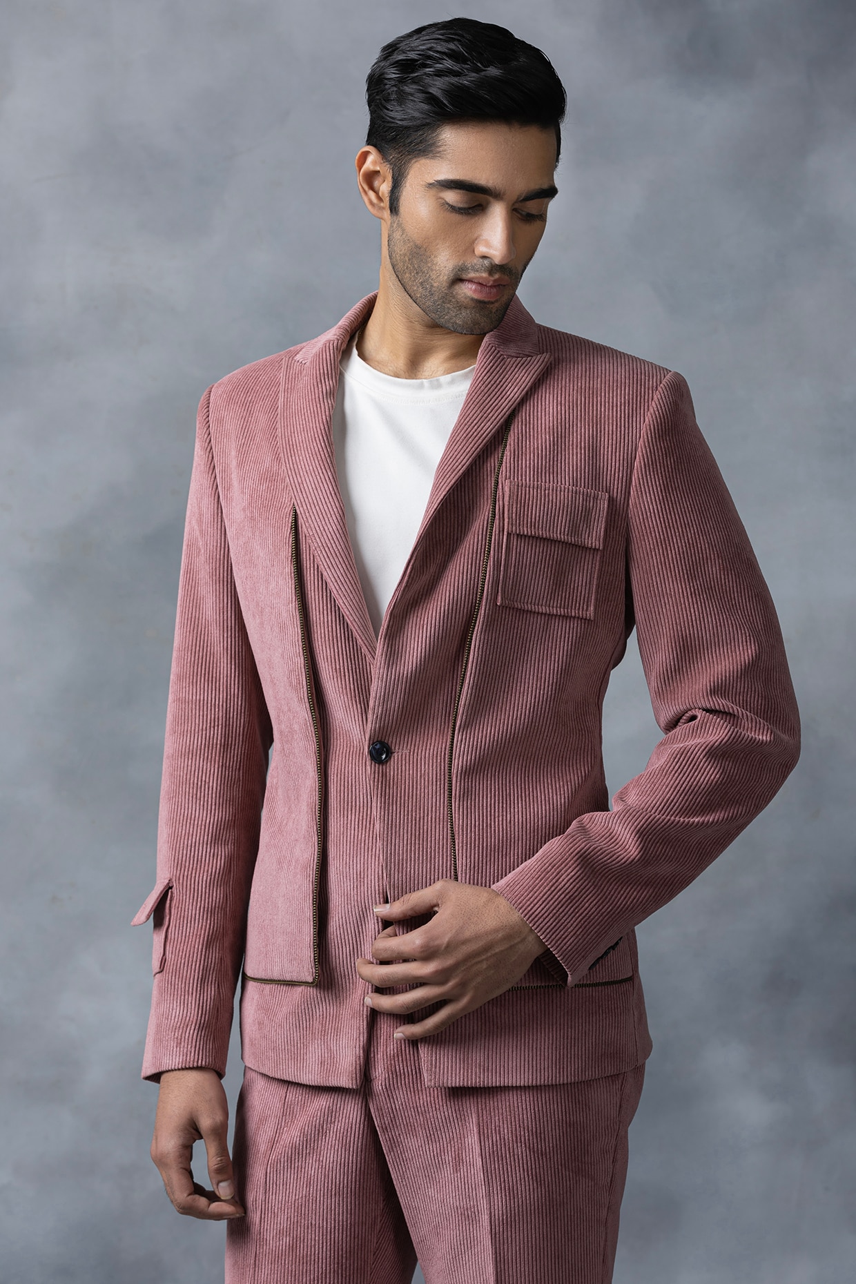 Salmon Pink Corduroy Blazer Set by Sarab Khanijou at Pernia s Pop Up Shop 2024