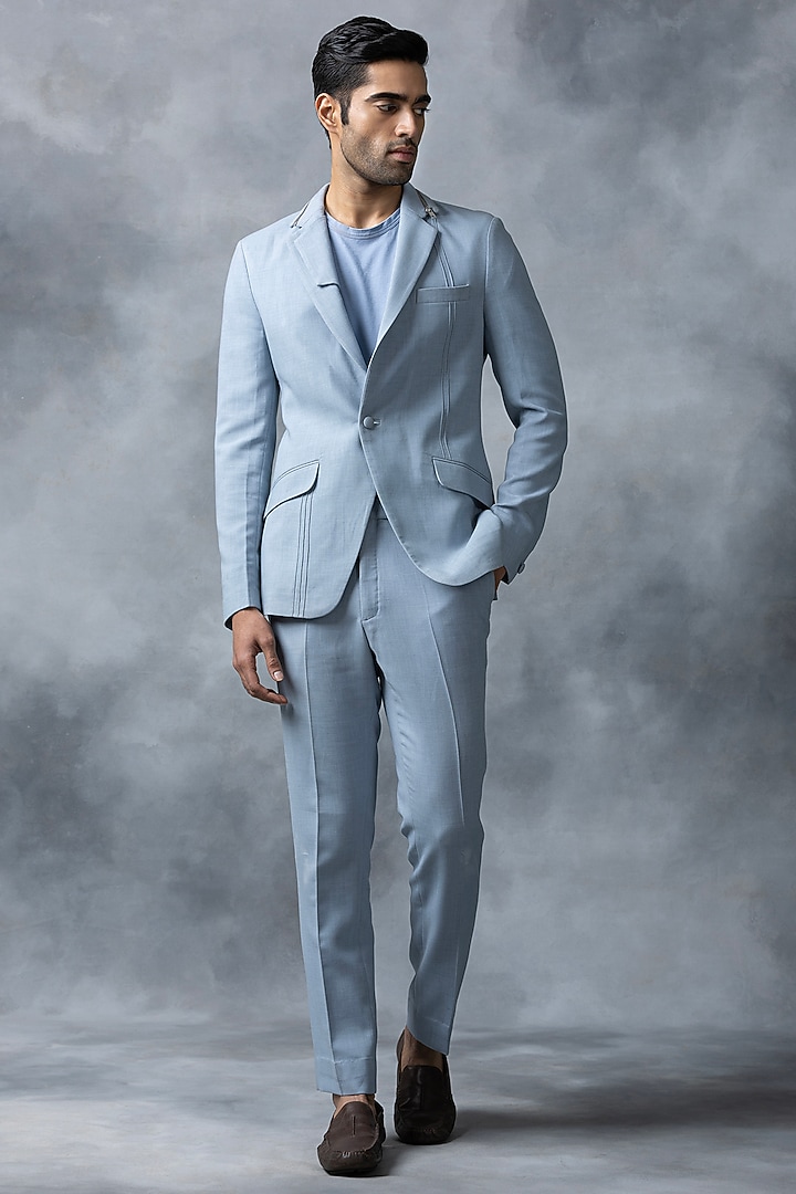 Sky Blue Jersey Blazer Set by Sarab Khanijou at Pernia's Pop Up Shop