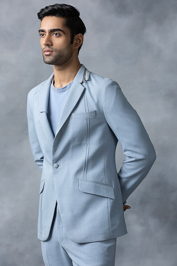 Sky Blue Jersey Blazer Set by Sarab Khanijou at Pernia's Pop Up Shop
