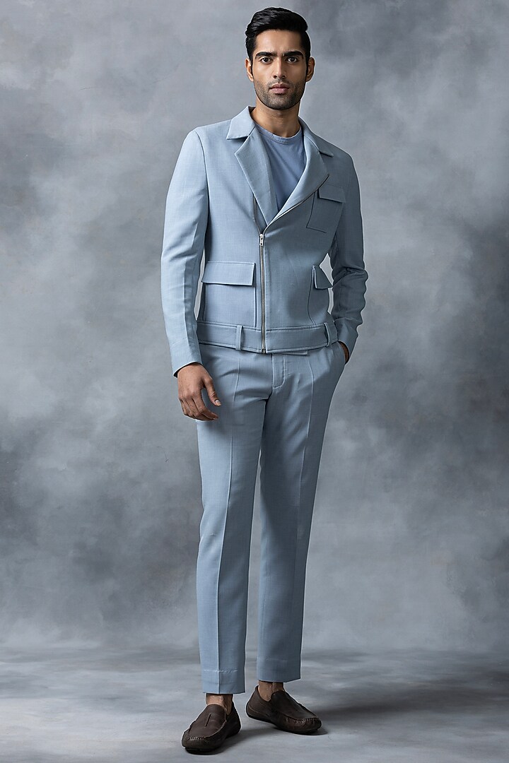 Sky Blue Jersey Blazer Set by Sarab Khanijou at Pernia's Pop Up Shop