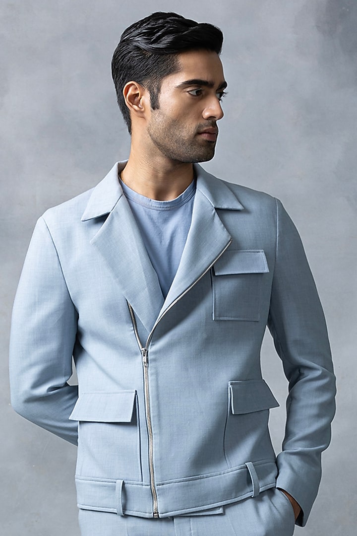 Sky Blue Jersey Blazer Set by Sarab Khanijou at Pernia's Pop Up Shop
