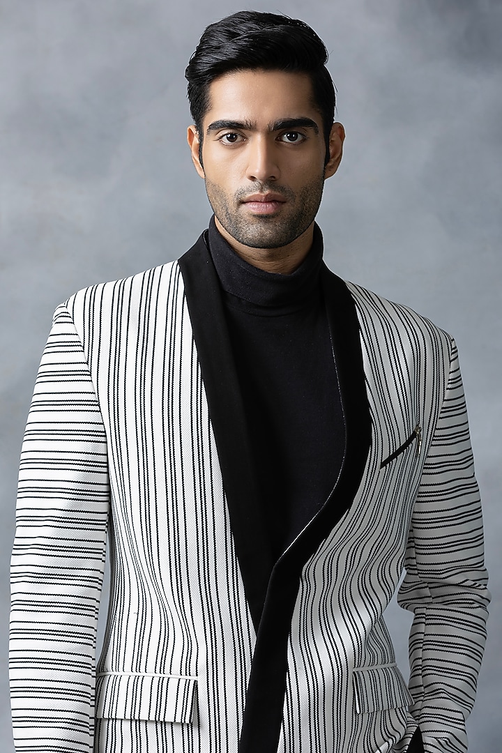 Black & White Knitted Fabric Striped Jacket by Sarab Khanijou at Pernia's Pop Up Shop