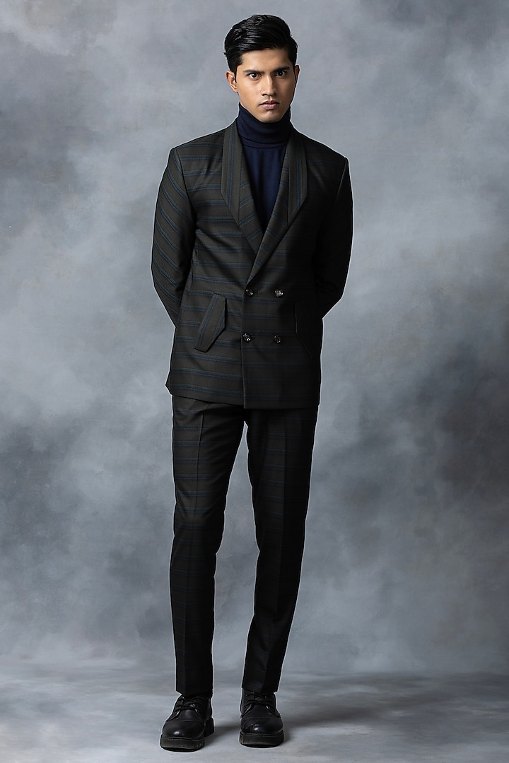 Green Suiting Fabric Striped Blazer Set by Sarab Khanijou at Pernia's Pop Up Shop