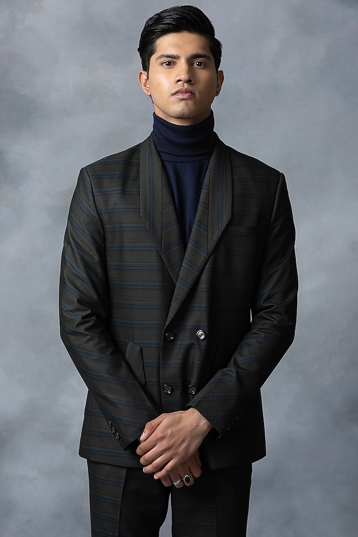 Green Suiting Fabric Striped Blazer Set by Sarab Khanijou at Pernia's Pop Up Shop
