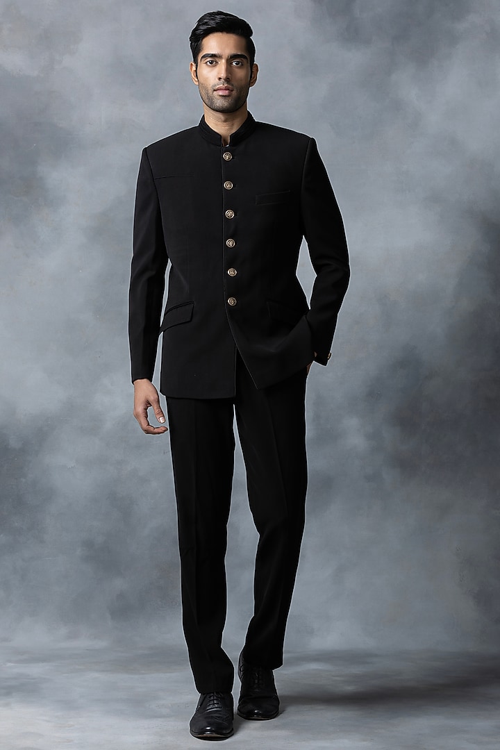 Black Sandwash Wedding Bandhgala Set by Sarab Khanijou at Pernia's Pop Up Shop