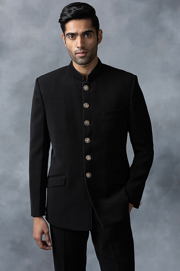 Black Sandwash Wedding Bandhgala Set by Sarab Khanijou at Pernia's Pop Up Shop