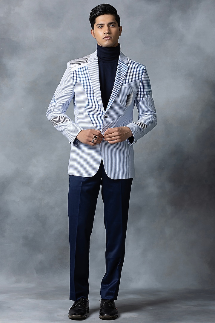 Light Blue Seersucker Fabric Blazer by Sarab Khanijou at Pernia's Pop Up Shop