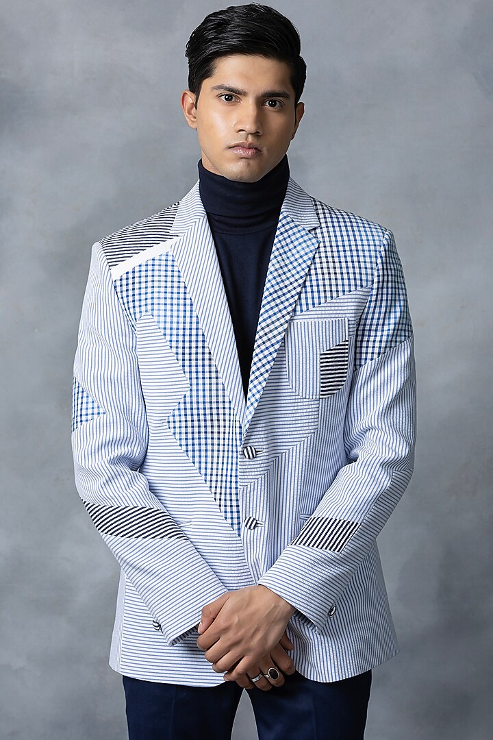 Light Blue Seersucker Fabric Blazer by Sarab Khanijou at Pernia's Pop Up Shop