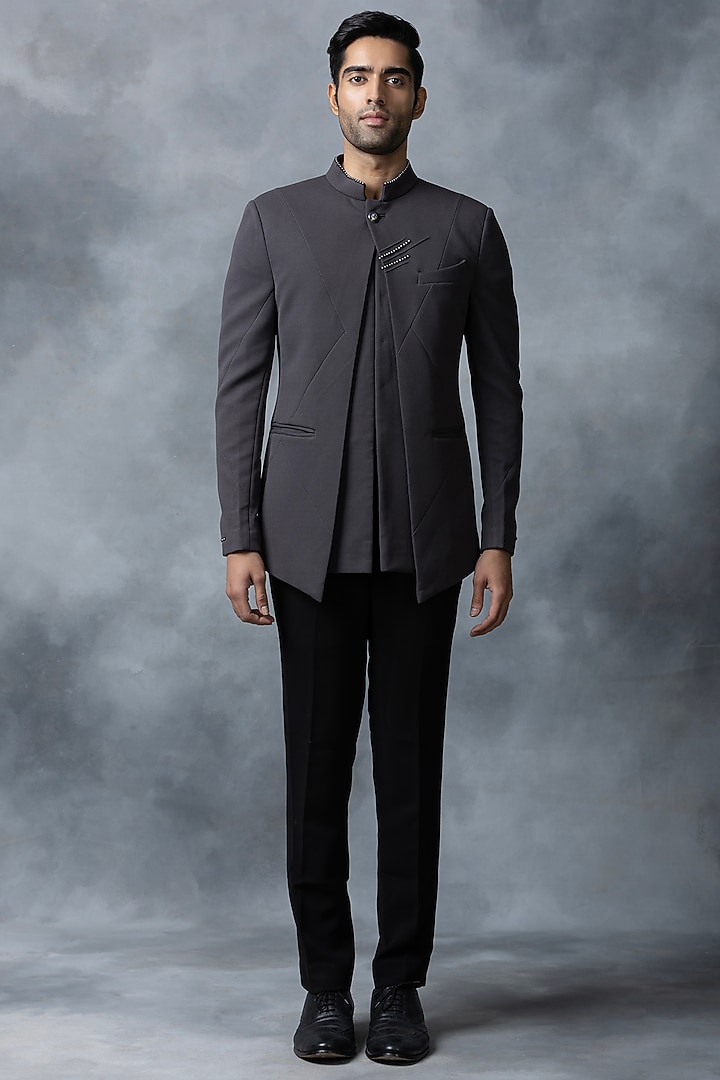 Grey Jersey Wedding Bandhgala Set by Sarab Khanijou at Pernia's Pop Up Shop