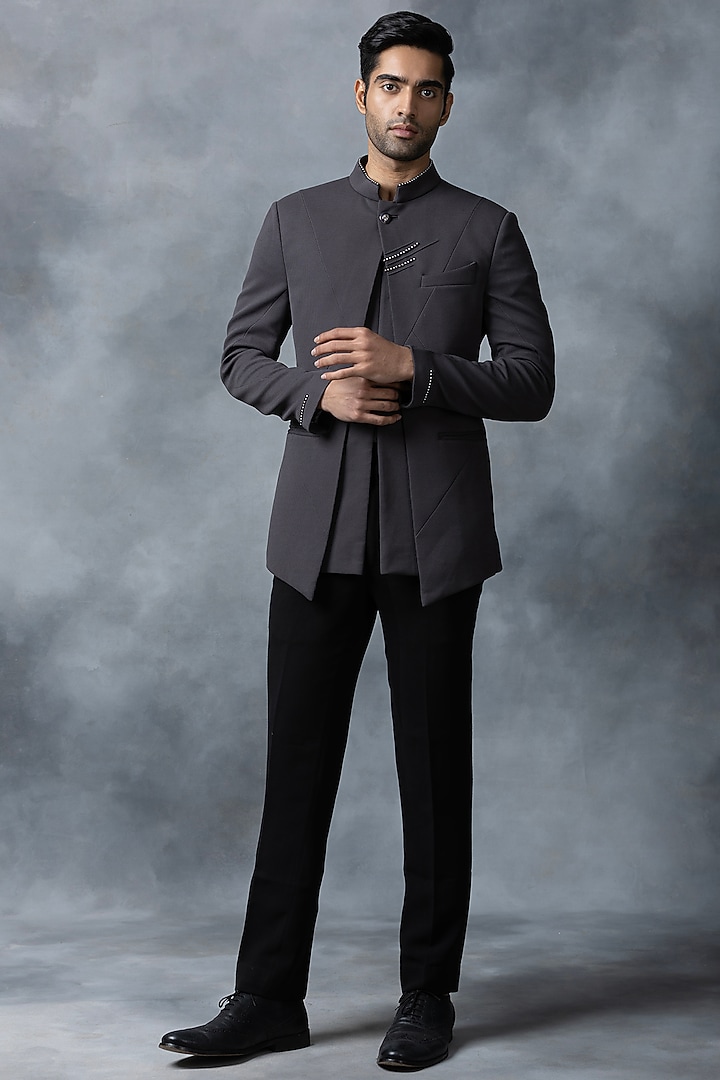 Grey Jersey Wedding Bandhgala Set by Sarab Khanijou at Pernia's Pop Up Shop