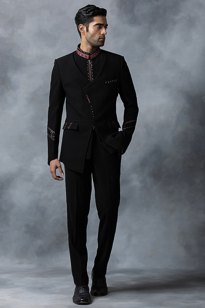Black Knitted Fabric Thread Work Jacket Set by Sarab Khanijou at Pernia's Pop Up Shop