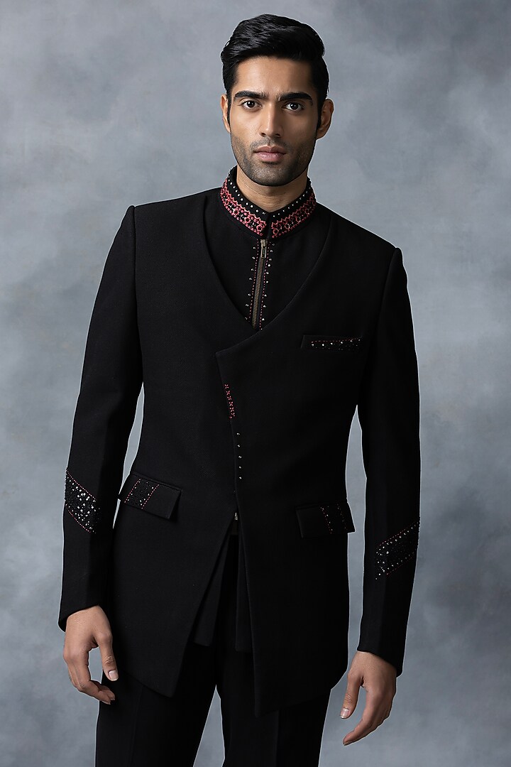 Black Knitted Fabric Thread Work Jacket Set by Sarab Khanijou at Pernia's Pop Up Shop
