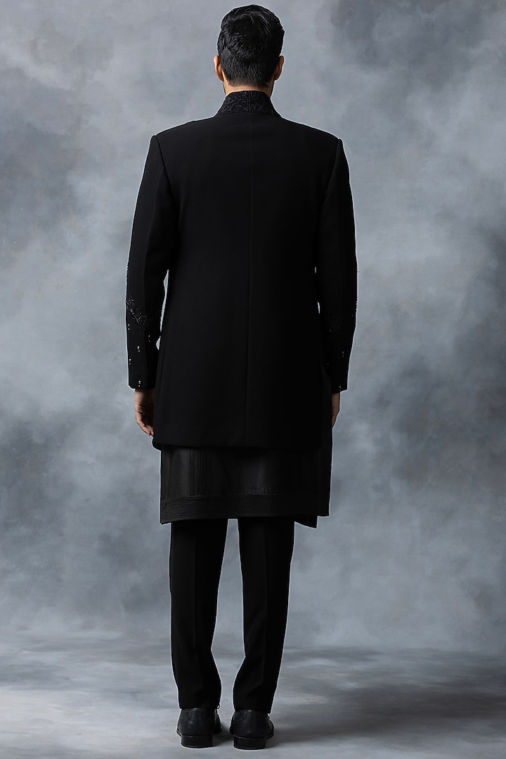 Black Knitted Fabric Wedding Indowestern Set by Sarab Khanijou at Pernia's Pop Up Shop
